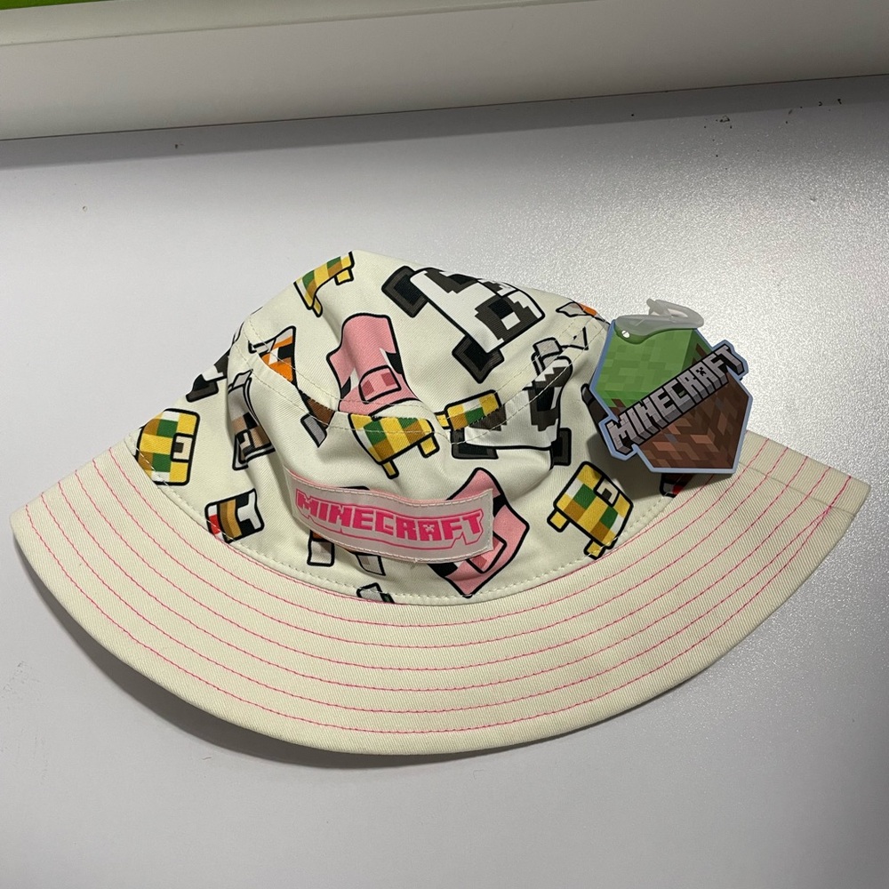 Minecraft kids Cream Bucket Hat with Pink Stripes